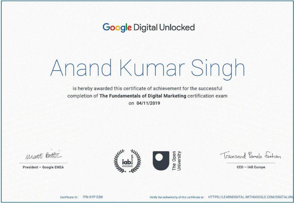 anand kumar singh digital marketing certificate by google